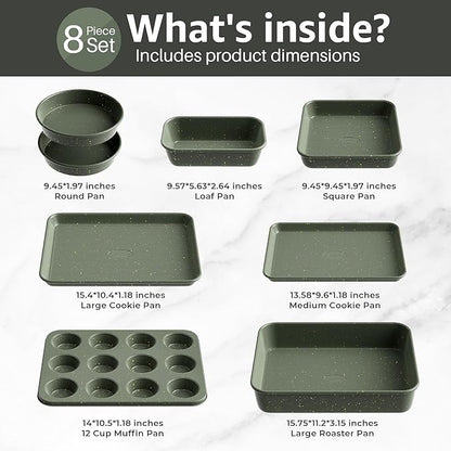 8-Piece Nonstick Bakeware Set, Stackable Oven Pan Set Includes Baking Sheet, Muffin Pan, Cake Pan, Square Pan, Loaf Pan, Cookie Sheet & Cooling Rack (Ceramic Coated Green) - Image 3