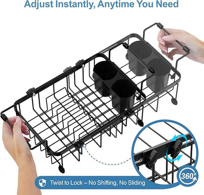 iSPECLE Small Sink Dish Drying Rack with Cup Holder, Expandable Rust Resistant Dish Drainer for RV Kitchen, Dish Rack with Tightening Knob, Arms with Non Slip Rubber, Black