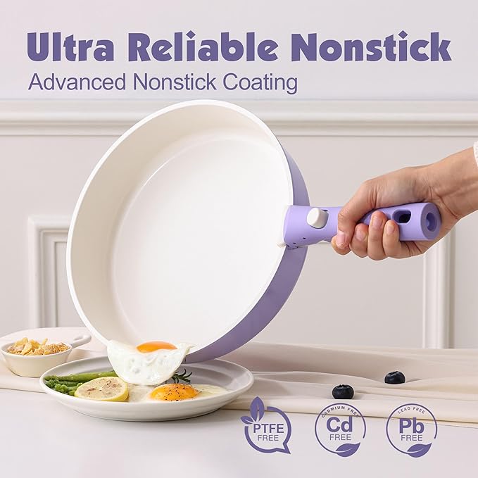SENSARTE 17 Piece Ceramic Pots and Pans Set, Nonstick Detachable Handle Cookware, Induction Kitchen Cookware Set with Removable Handle, Dishwasher ＆ Oven Safe (Purple) - Image 4