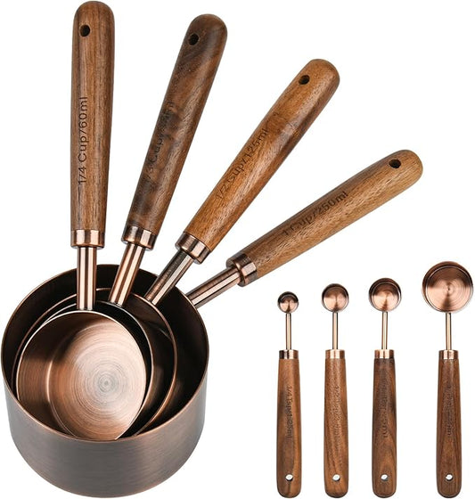 Copper Measuring Cups & Spoons Set 8, Stainless Steel Measuring Cups and Spoons Set for Baking and Kitchen, Metric & US Metal Measure Cup & Spoon with Wood Handle for Dry & Liquid