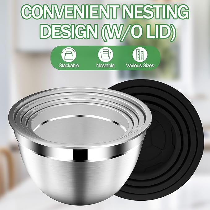 DUTZUN Mixing Bowls with Lids Set, Stainless Steel Mixing Bowls with Colander, Strainer with Mixing Bowl Set, Serving Bowl Kitchen Gift, Size 4.5, 2.5, 2, 1.5QT - Black - Image 4