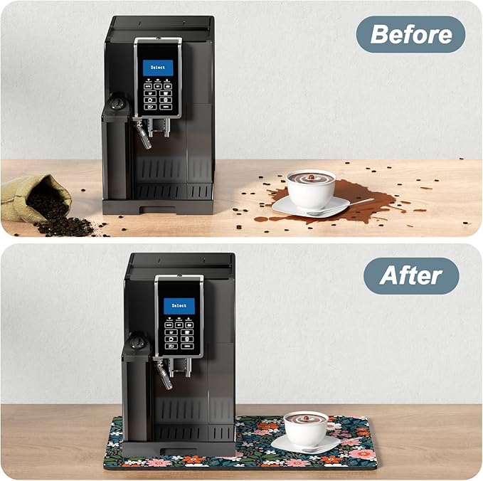 Rnivvi Coffee Mat, 12" x 19" Cute Coffee Bar Mats for Espresso Machine Station Accessories and Organizer, Hide Stain Rubber Backed Absorbent Dish Drying Pad for Kitchen Counter, Floral Cartoon - Image 6
