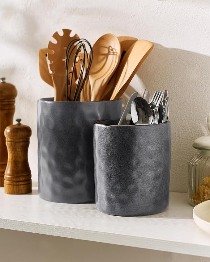famiware Ocean Utensil Holder, 7.2"+5.8" Ceramic Kitchen Utensil Holder for Countertop, 2 Pieces Cooking Utensil Crocks, Utensil Organizer for Spatula & Spoon, Kitchen, Set of 2, Matte Dark Charcoal - Image 2