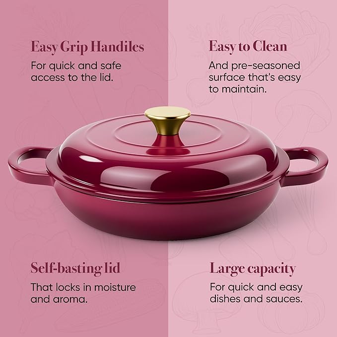 Vintage Style 3 Quart Enameled Cast Iron Braiser, Non Stick Enameled Cast Iron Skillet with Lid, Dutch Oven Skillet with lid up to 500°F for Oven, Stove, Grill, Shallow Dutch Oven for Cook, Bake (Rose) - Image 7