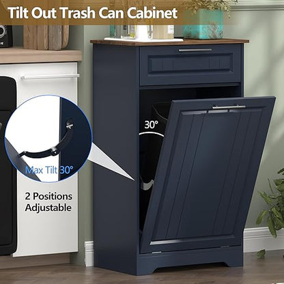 Single 10 Gallon Tilt Out Trash Can Cabinet with Deodorizing Function, Wooden Hidden Garbage Can Holder with Storage Drawers for Kitchen and Dining Room, Laundry Hamper Cabinet for Bathroom, Blue