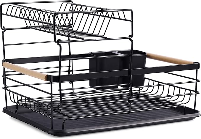 Navaris 2 Tier Dish Rack - Compact Drying Kitchen Board with Drip Tray & Cutlery Holder - Easy to Assemble and Clean Dishes - Sink Drainer Rack - Black - Image 7