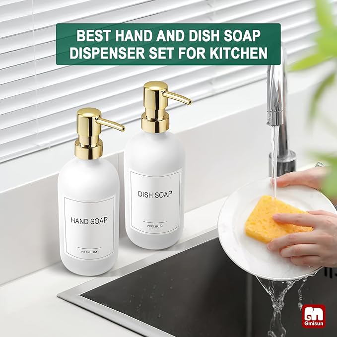 GMISUN White Soap Dispenser, 2 Pack Glass Hand Soap Dispensers Bathroom with Gold Pump, 17 Fl Oz Dish Soap Dispenser Set for Kitchen, Refillable Modern Liquid Soap and Lotion Dispensers Bottle - Image 6