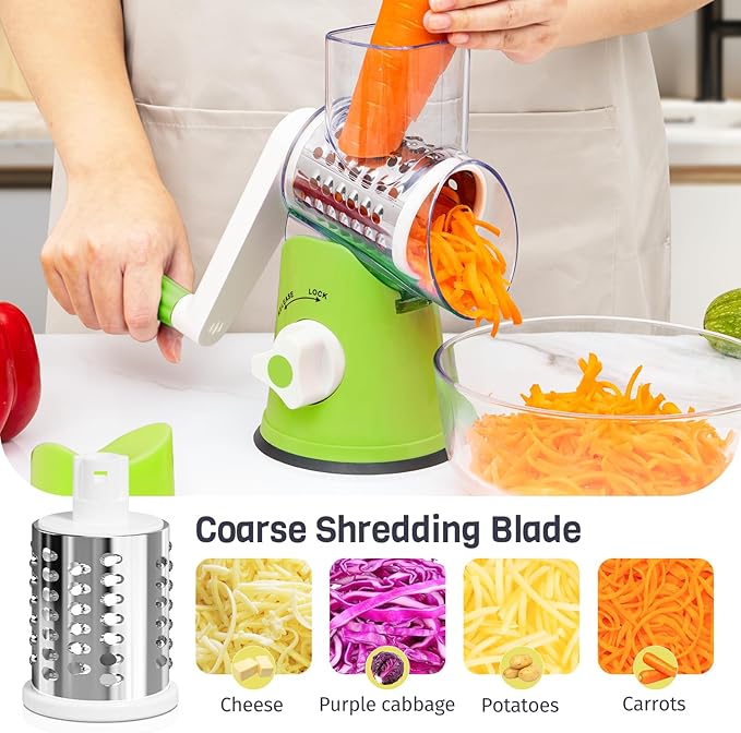 Rotary Cheese Grater Hand Crank, 3 Blades Slicer Shredder, Cheese Grater for Kitchen, Multi-Functional Kitchen Tool for Vegetables, Nuts, Chocolate, with Strong Suction Base, Green - Image 4