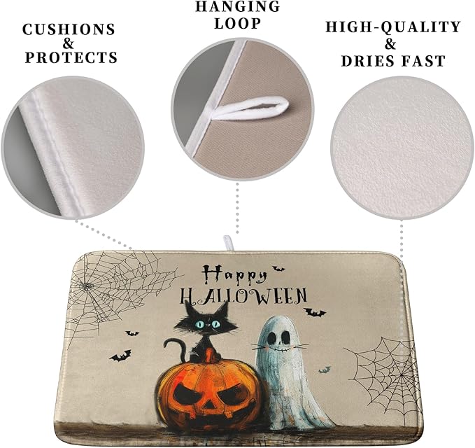 Happy Halloween Dish Drying Mat for Dishs 18x24 Inch Halloween Pumpkin Ghost Black Cat Kitchen Drying Mat Spooky Spiderweb Holiday Dish Drainer Mat Super Absorbent Dish Rack Pad for Coffee Bar Sinks - Image 3