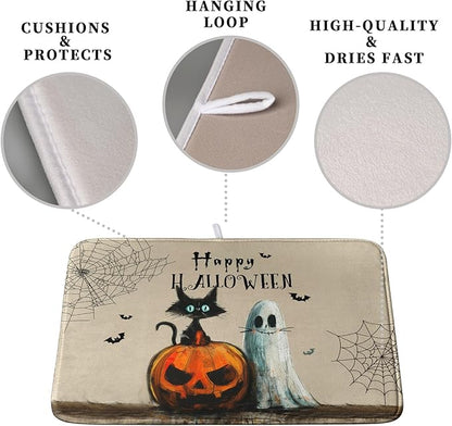 Happy Halloween Dish Drying Mat for Dishs 18x24 Inch Halloween Pumpkin Ghost Black Cat Kitchen Drying Mat Spooky Spiderweb Holiday Dish Drainer Mat Super Absorbent Dish Rack Pad for Coffee Bar Sinks - Image 3