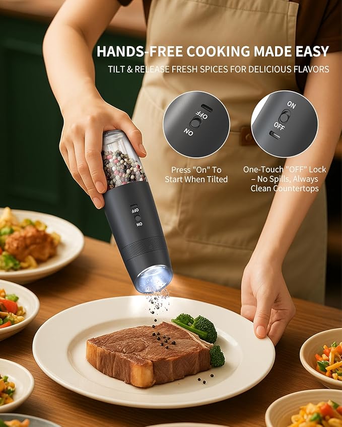 CIRCLE JOY Gravity Electric Salt and Pepper Grinder Set Rechargeable Automatic Pepper and Salt Shakers with LED Light, External Adjustable Coarseness, One-Hand Operation for Salt & Spices - Image 5