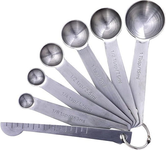 Stainless Steel Measuring Spoons Set, Dual-Scale Metric & US Measurements, Set of 7 for Dry and Liquid Ingredients