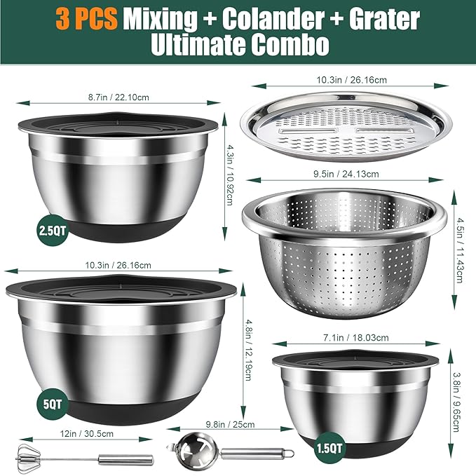 Stainless Steel Mixing Bowls Set with Lids & Silicone Base - 7-Piece Kitchen Gadgets Includes Colander, Grater, Egg Separator, Whisk - Nesting Bowls (1.5, 2, 2.5, 4.5 QT), Dishwasher Safe, Black - Image 6