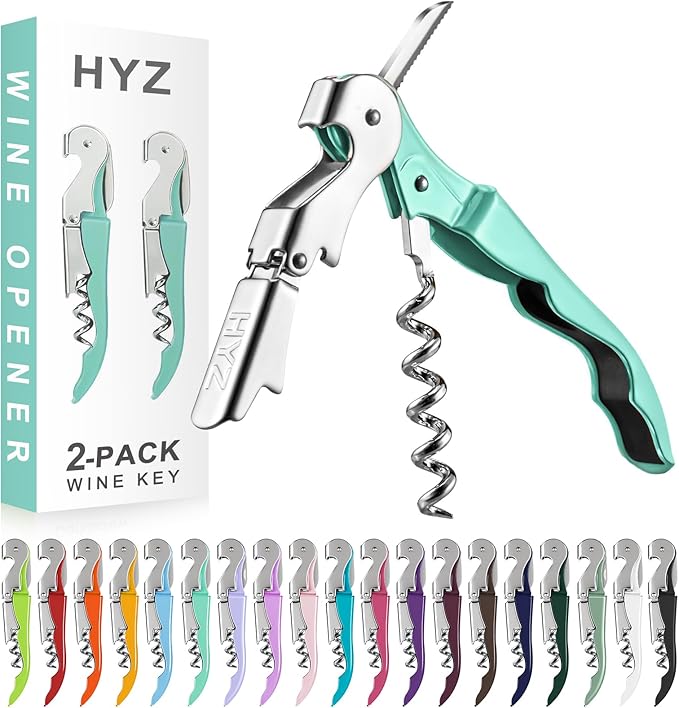HYZ 2-Pack Wine Opener Waiter Corkscrew, Professional Wine Key for Servers, Bartender with Foil Cutter, Manual Wine Bottle Opener Double Hinged (Mint Green) by HYZ