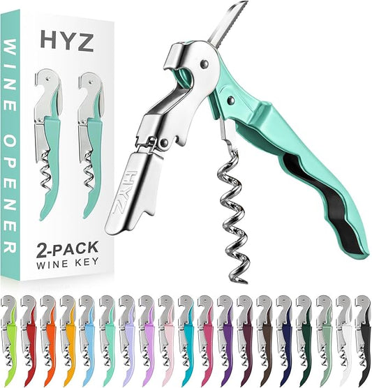 HYZ 2-Pack Wine Opener Waiter Corkscrew, Professional Wine Key for Servers, Bartender with Foil Cutter, Manual Wine Bottle Opener Double Hinged (Mint Green) by HYZ