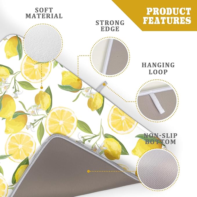 Lemon Dish Drying Mat for Kitchen Counter Spring Summer Microfiber Absorbent Dish Draining Reusable Washable Foldable Extra Large 18"x24" - Image 4