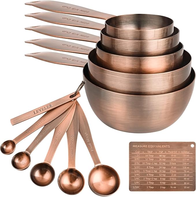 Measuring Cups and Spoons Set, 12 Pieces Stainless Steel Measuring Cup Set, Metal Copper Measuring Cups Spoons, Dry & Liquid Kitchen Measure Cup Spoon & Leveler & Measure Equivalents by Smithcraft