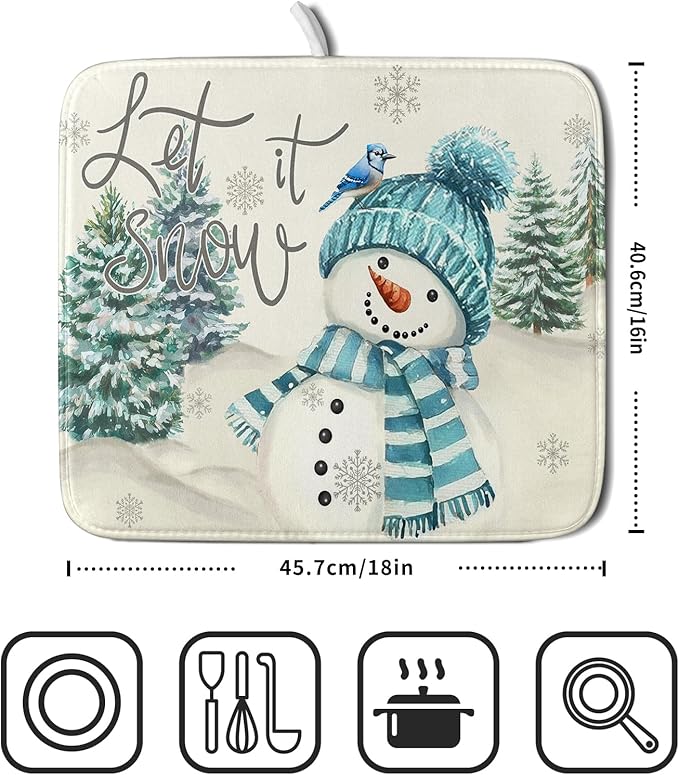 Giwawa Blue Snowman Dish Drying Mat Xmas Trees Bird Winter Snowy Scene Dish Drainer Mats 16"x18" Microfiber Reversible Dish Drying Rack Pad Protector for Kitchen Countertop Decor