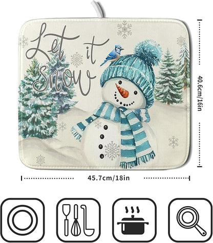 Giwawa Blue Snowman Dish Drying Mat Xmas Trees Bird Winter Snowy Scene Dish Drainer Mats 16"x18" Microfiber Reversible Dish Drying Rack Pad Protector for Kitchen Countertop Decor