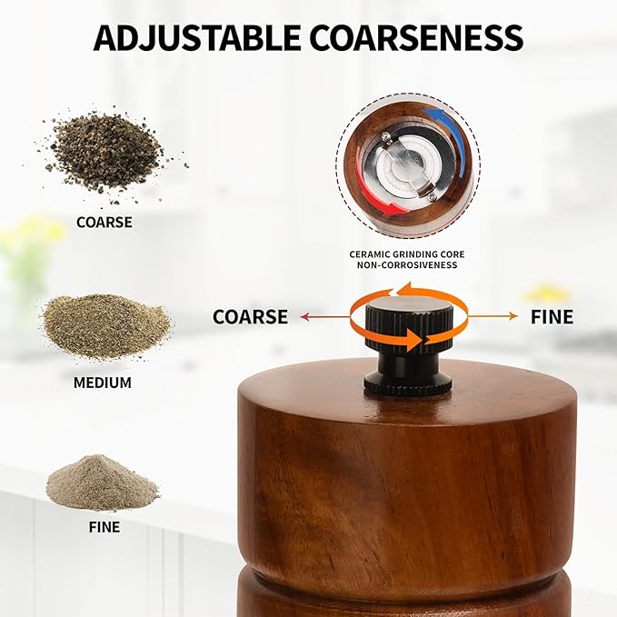 Salt and Pepper Grinder Set,Manual Salt Pepper Mills Grinders for Kitchen,Refillable and Adjustable Wooden Shakers for Pepper Salt Spices