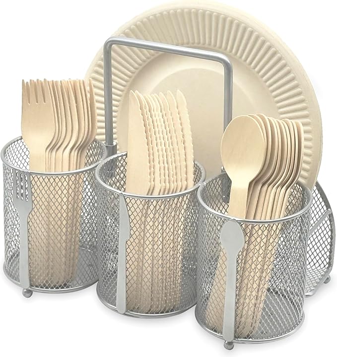 DysanVica Utensil Caddy Silverware Holder - 4 Compartment Metal Mesh Cutlery Fork Spoon Napkin Plate Organizer Flatware Storage Basket Party Kitchen Countertop Buffet Picnic Camping Outdoor BBQ Silver by DysanVica