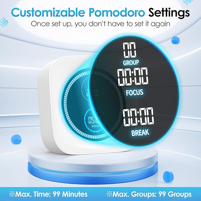 HAUKINIX 99-Minute Visual Timer with Pomodoro Timer Productivity Focus Timer Countdown Stopwatch Desk ADHD for Study, Work, Student, Procrastination, Loud Alarm/Mute/Vibration, 2 Brightness Levels