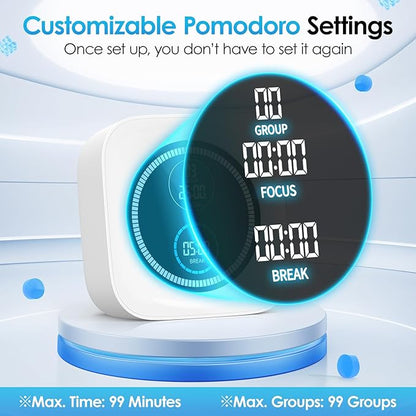 HAUKINIX 99-Minute Visual Timer with Pomodoro Timer Productivity Focus Timer Countdown Stopwatch Desk ADHD for Study, Work, Student, Procrastination, Loud Alarm/Mute/Vibration, 2 Brightness Levels
