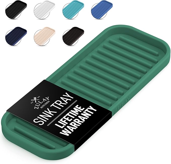 Zulay Kitchen (9x3.5) Silicone Sponge Holder for Kitchen Sink - Flexible Multipurpose Soap Tray - Sink Organizer for Kitchen, Bathroom, Makeup, Trinkets & More (Pine Green) by ZulayKitchen