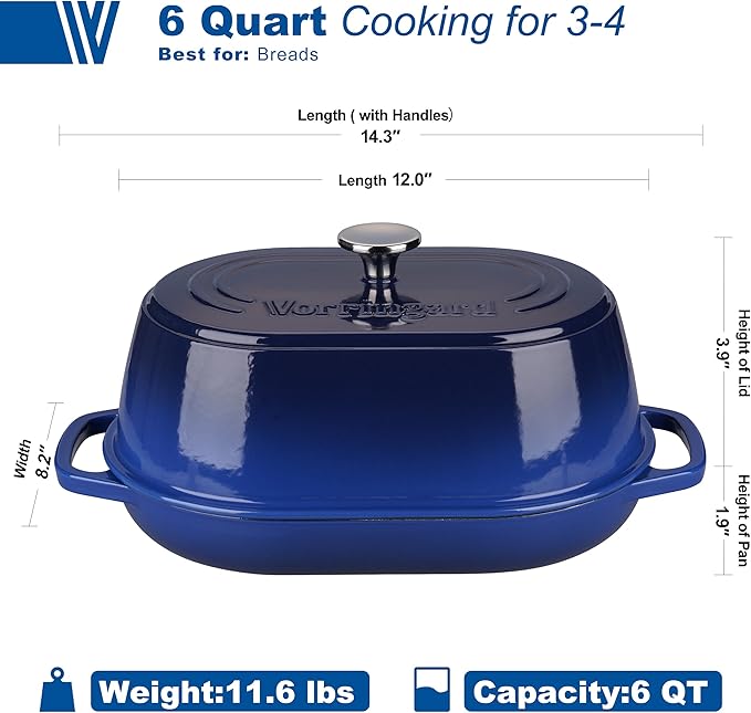 VORRINGARD Enameled Cast Iron Dutch Oven Pot with Dome Lid, Oval Bread Oven for Homemade Sourdough Bread Baking, Oven Safe up to 500°F, 6 Quart, Blue