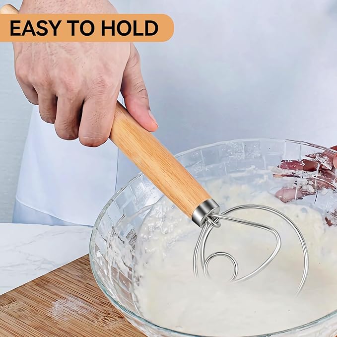 TEEVEA Danish Dough Whisk for Bread Sourdough, Wooden Handle & Stainless Steel Hook - Image 3