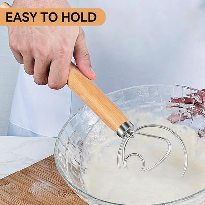 TEEVEA Danish Dough Whisk for Bread Sourdough, Wooden Handle & Stainless Steel Hook - Image 3