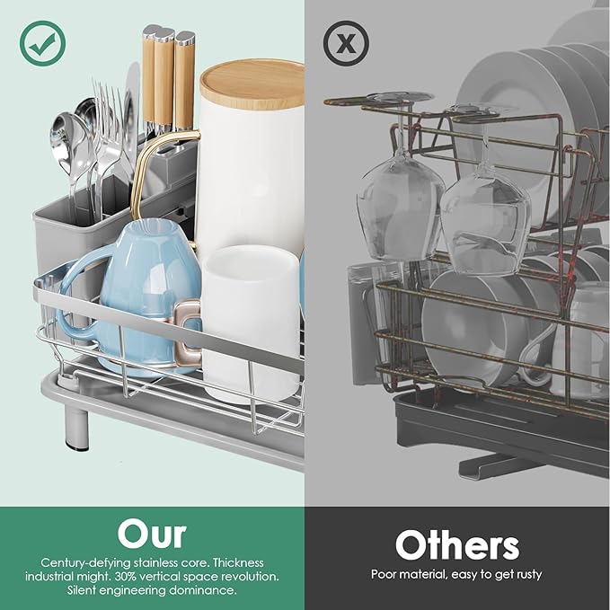 MOUKABAL Dish Drying Rack, Dish Rack, Stainless Steel Dish Racks for Kitchen Counter, Dish Drainer with Removable Utensil Holder, Drainboard (Grey,Stainless Steel,13''W x 17''L) - Image 6