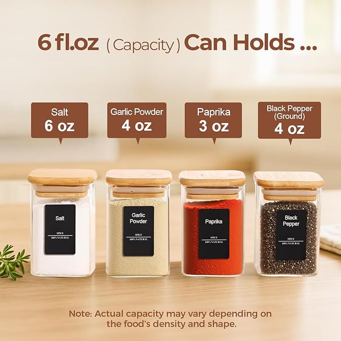 ComSaf Spice Jars with Labels 6 oz 12Pack, Small Spice Containers Starter Set, Glass Seasoning Jars with Lids, Square Seasoning Containers for Salt, Pepper, Chili Powder, Sugar, Ginger Ground, Cumin - Image 2
