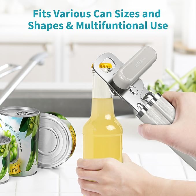 Ultrean Manual Can Opener Bottle Opener, Heavy Duty Stainless Steel Smooth Edge Manual Hand Held Can Opener With Soft Touch Handle, Rust Proof Oversized Handheld Easy Turn Knob (Light Gray) - Image 6
