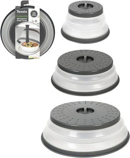Tovolo Microwave Splatter Cover for Food, 3-Pack (Charcoal) - Collapsible & Vented Silicone Splatter Guard Lid - Microwave Plate & Dish Cover with Handle - BPA-Free Kitchen Gadget for Meal Prep by Tovolo