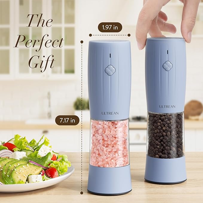Ultrean Electric Salt and Pepper Grinder Set, USB-C Rechargeable, Salt and Pepper Shakers Spice Mill with 6 Adjustable Coarseness LED Light Larger Capacity, Kitchen Gadget, Gift for Women Mom, Blue