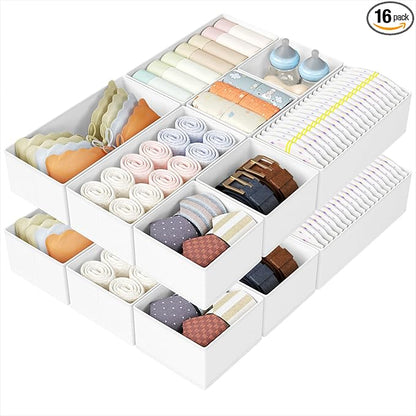 DIMJ Drawer Organizers Clothes, Set of 16 Dresser Organizer Bins, Fabric Closet Organizers and Storage, Shallow Drawer Dividers for Nursery, Clothing, Baby Clothes, Socks, Underwears, Tie (White) by DiMJ