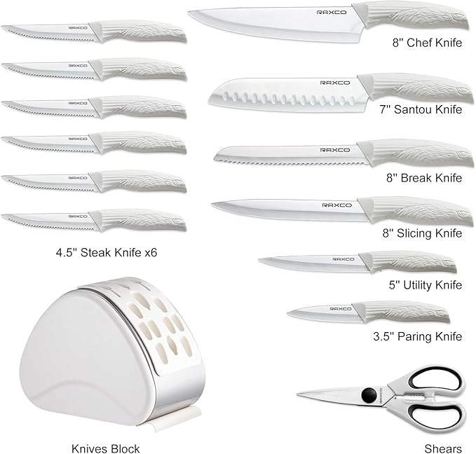 RAXCO Knife Set with Block,12-Piece Stainless Steel Kitchen Knives for Professional Cutting,White