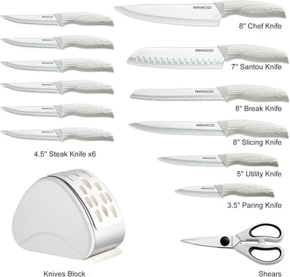 RAXCO Knife Set with Block,12-Piece Stainless Steel Kitchen Knives for Professional Cutting,White