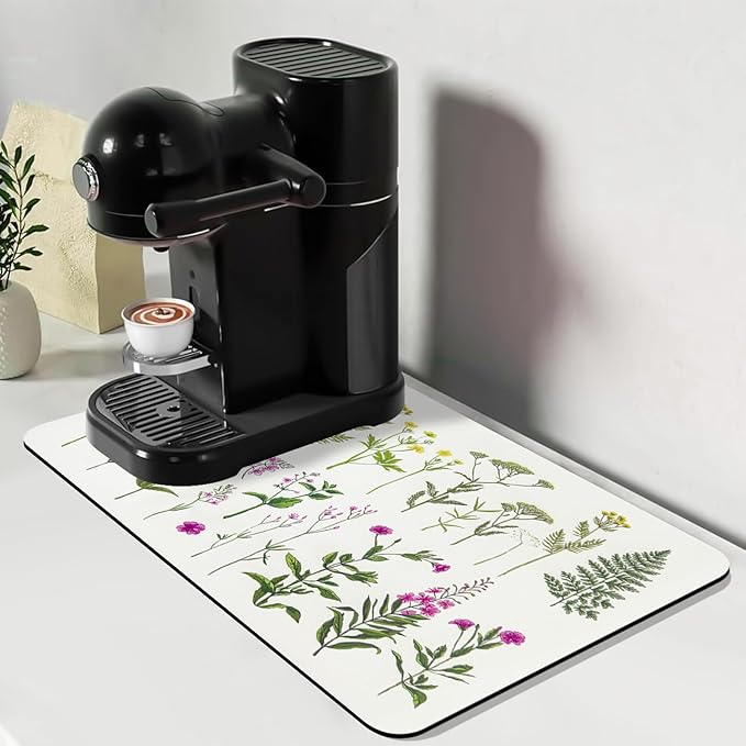 Bloss Kitchen Mat, Coffee Mat 12"x19", Coffee Bar/Maker Mat, Kitchen Counter Mats, Absorbent Hide Stain Rubber Backed Dish Drying Pad(, Flowers and Leaves) by Bloss