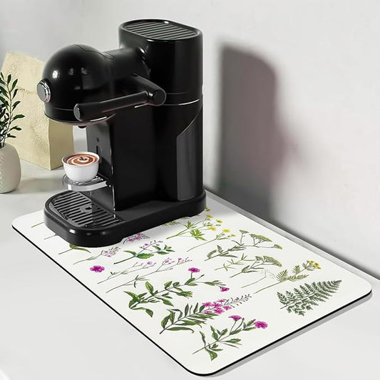 Bloss Kitchen Mat, Coffee Mat 12"x19", Coffee Bar/Maker Mat, Kitchen Counter Mats, Absorbent Hide Stain Rubber Backed Dish Drying Pad(, Flowers and Leaves) by Bloss