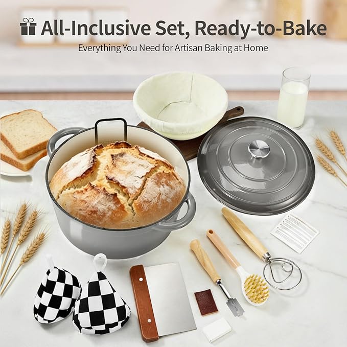 Enameled Cast Iron Dutch Oven with Lid -6.5 QT, incl. Sourdough Bread-Baking Supplies like Banneton Proofing Basket, Heavy Duty Cookware Bread-Oven for Baking, Stews, and Roasting, Gray - Image 3