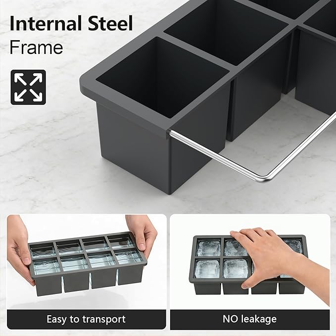 Bangp Silicone Ice Cube Trays with Metal Reinforced Frame(3 Pack),Large Ice Cube Tray with Lid,Easy Release Whiskey Ice Cubes Mold,Ice Trays for Freezer,Stackable Ice Cube Tray(Grey) - Image 5