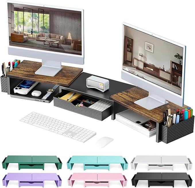 gianotter Dual Monitor Stand Riser, Desk Organizer With Drawer and 2 Pen Holders,Computer Monitor Stand, Desk Shelf for Top of Desk, Wood by gianotter