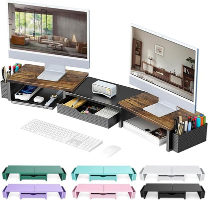 gianotter Dual Monitor Stand Riser, Desk Organizer With Drawer and 2 Pen Holders,Computer Monitor Stand, Desk Shelf for Top of Desk, Wood by gianotter