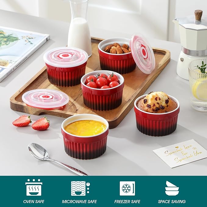 vancasso 6 oz Ramekins with Lid, Porcelain Creme Brulee Souffle Dishes, Red Pudding Custard Cups Ramiken for Baking, Dishwasher and Oven Safe, Set of 6 - Image 4