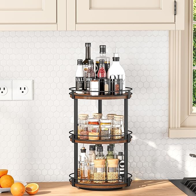 Snughome Lazy Susan Organizer, 3 Tier Rotating Spice Rack, Turntable Lazy Susan Kitchen Countertop Organizer, 10.2" x 10.2" x 18.5", Rustic Brown - Image 7