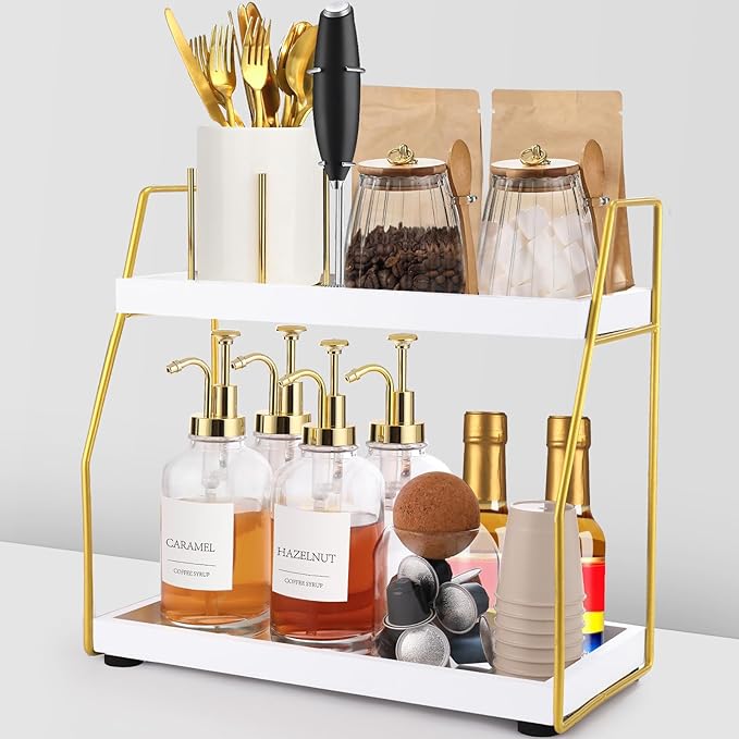 DWTS Coffee Bar Accessories,Coffee Station Organizer with Multi-Functional,CoffeeBar Decor for Accessories,2 Tier Wooden Shelf Gold Metal Station Organizer for Countertop,Syrup by Unknown