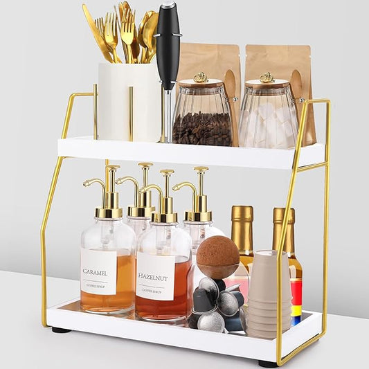 DWTS Coffee Bar Accessories,Coffee Station Organizer with Multi-Functional,CoffeeBar Decor for Accessories,2 Tier Wooden Shelf Gold Metal Station Organizer for Countertop,Syrup by Unknown