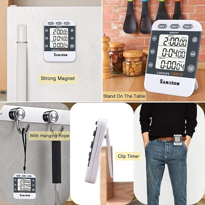 (2 Pack) Digital Kitchen Timers for Cooking Triple Timer Count UP/Down Dual Timer Large LCD Display, Adjustable Volume Loud Alarm, Magnetic Stopwatch, Battery Included White - Image 4